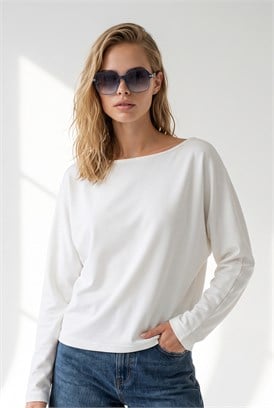 Kayık Yaka Modal Tuşeli Sweatshirt Ekru