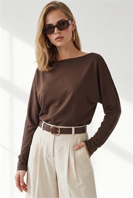 Kayık Yaka Modal Tuşeli Sweatshirt Kahverengi