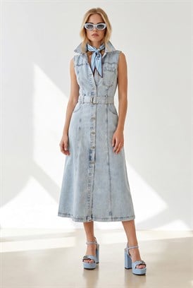 Kolsuz Cepli Kuşaklı Uzun Denim Elbise Mavi Kar