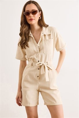 Kuşaklı Cepli Denim Şort Tulum Krem