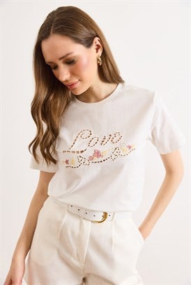 Love Fisto Detaylı Pamuk Tişört Beyaz