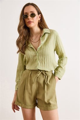 Lyocell Cepli Bel Arkadan Lastikli Dökümlü Şort Haki