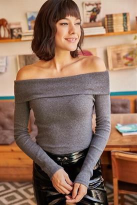 Madonna Yaka Şardonlu Kaşkorse Bluz Gri