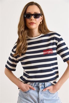 Nakışlı Kalın Çizgili Loose Fit Tişört Lacivert