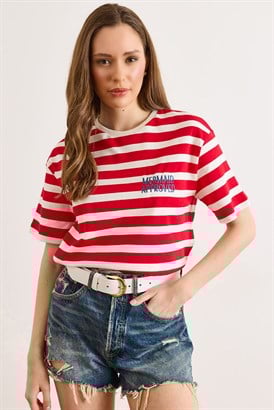 Nakışlı Kalın Çizgili Loose Fit Tişört Kırmızı
