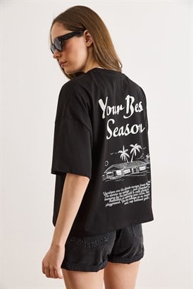 Ön Arka Baskılı Oversize Pamuk Tişört Siyah