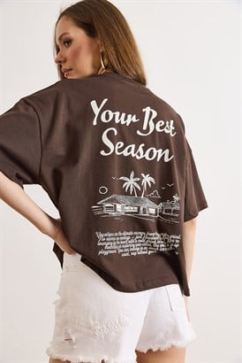 Ön Arka Baskılı Oversize Pamuk Tişört Kahverengi