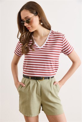 V Yaka Çizgili Basic Dökümlü Tişört Gül Kurusu