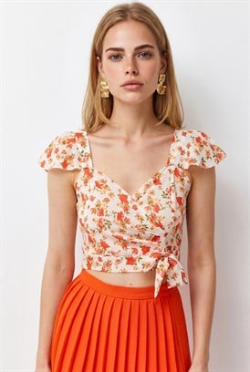 Yandan Fermuarlı Crop Krep Bluz Bej Mercan