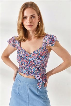 Yandan Fermuarlı Crop Krep Bluz Çok Renkli