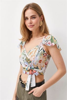 Yandan Fermuarlı Crop Krep Bluz Jungle Çok Renkli