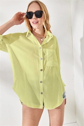 Yanları Düğme Detaylı Oversize Dokuma Gömlek Açık Sarı