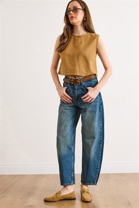 Yüksel Bel Cepli Barrel Jean Mavi