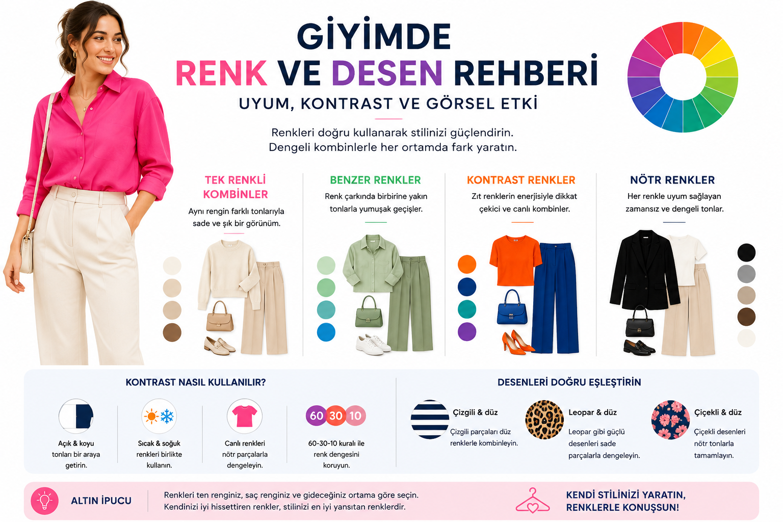 Giyimde renk ve desen rehberi uyum kontrast ve görsel etki kadın giyim kombin önerileri