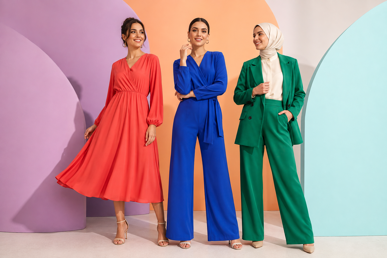 Mercan elbise,mavi tulum ve yeşil kadın takım modeli