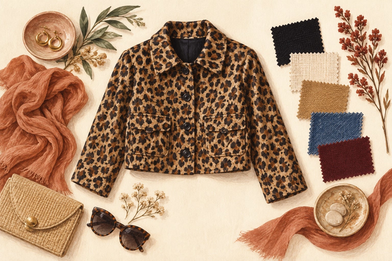 Leopar ceket ile siyah,ekru,camel,denim ve bordo renk örneklerini gösteren illüstrasyon