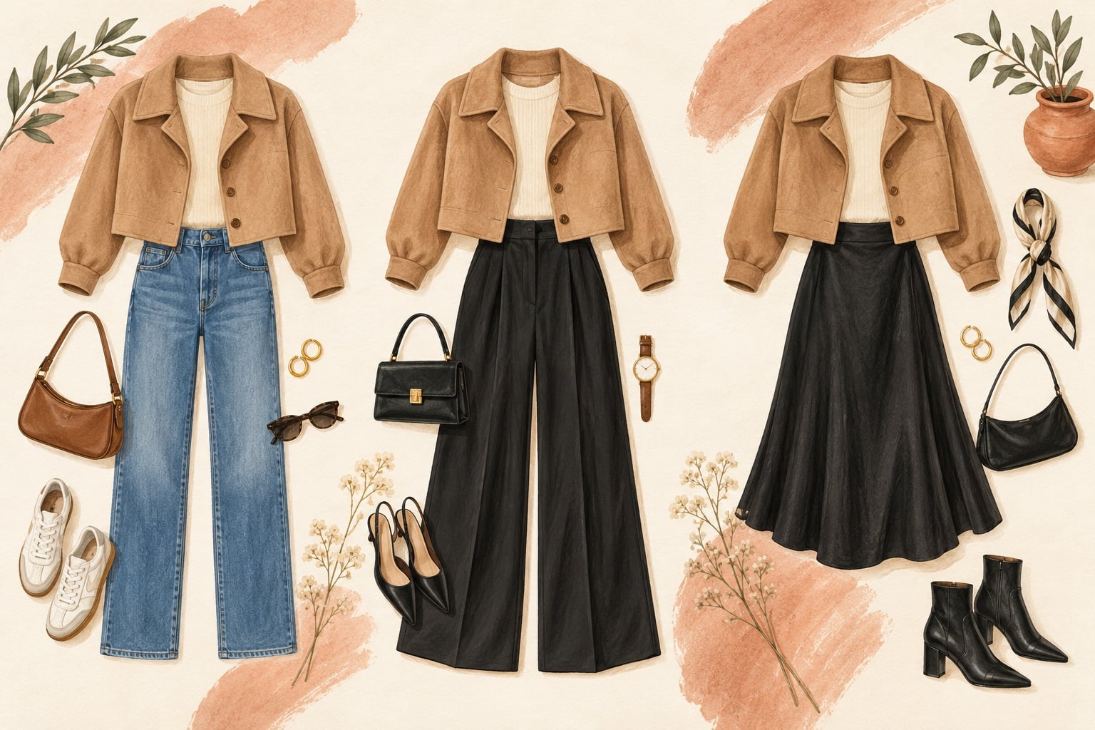 Camel crop ceketin jean,palazzo pantolon ve midi etekle eşleştirildiği moda illüstrasyonu
