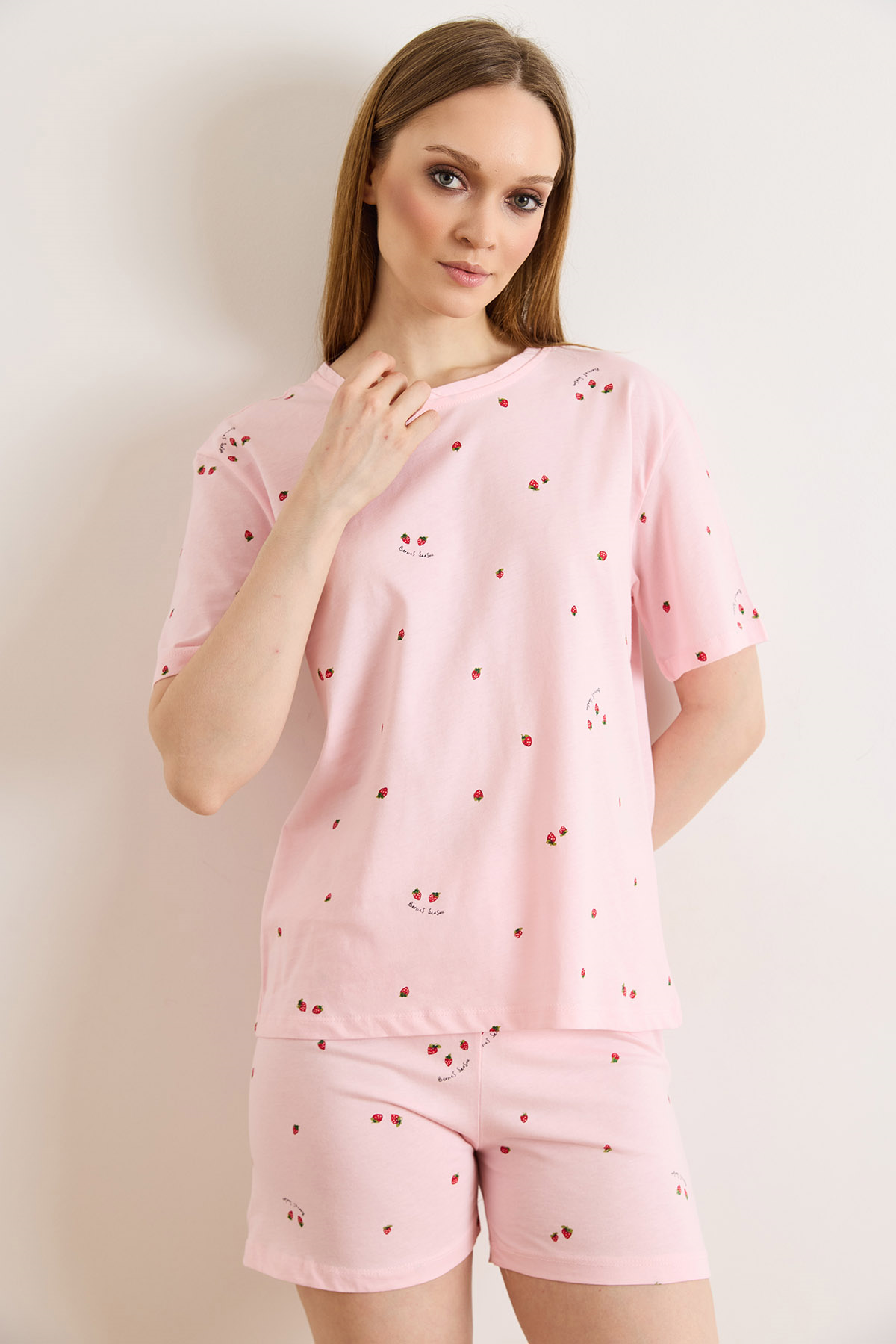 %100 Pamuk Şortlu Pijama Takım Minik Çilek Pembe