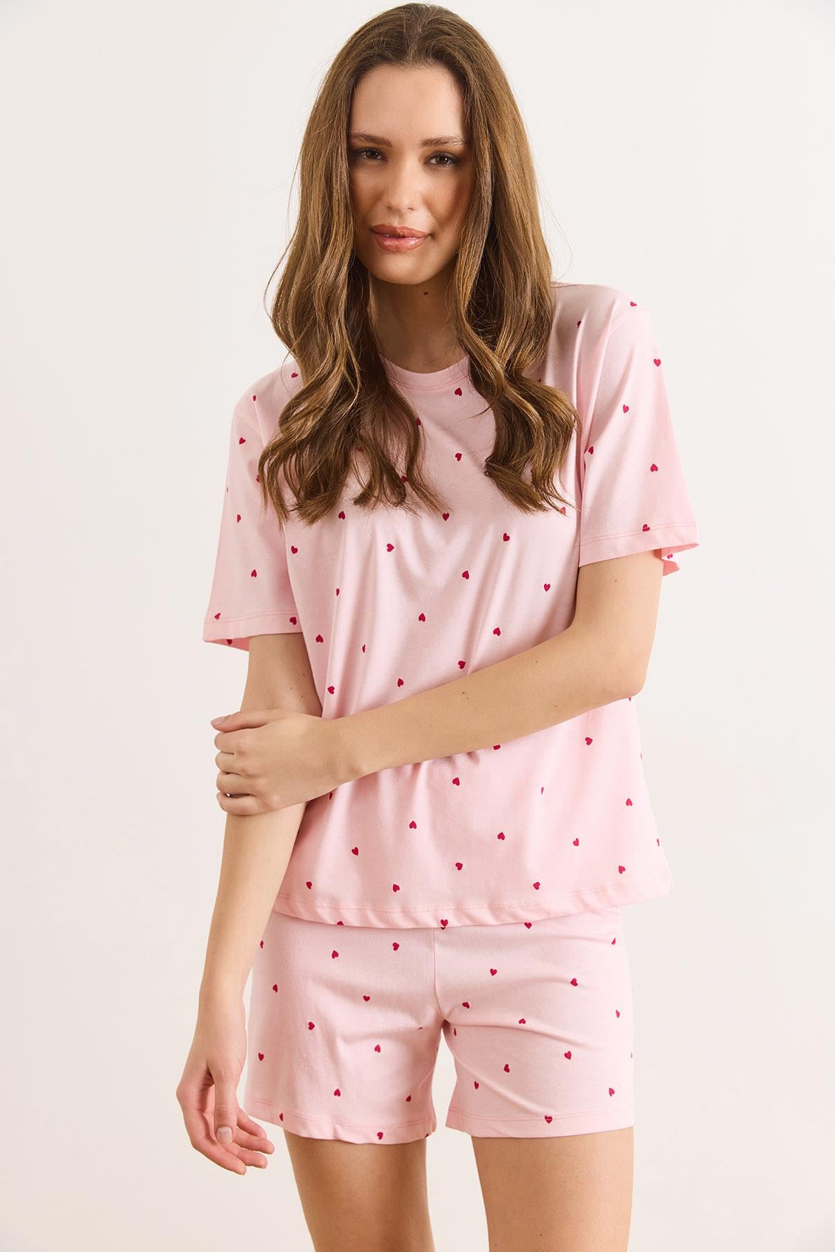 %100 Pamuk Şortlu Pijama Takım Pembe Kalp