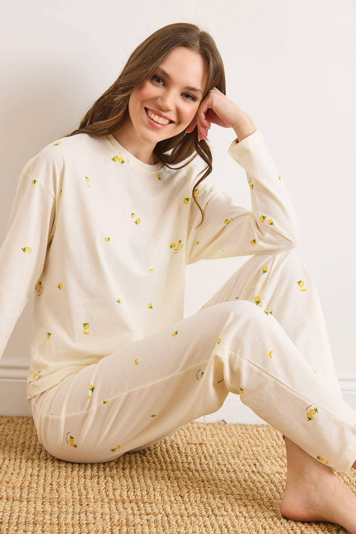%100 Pamuk Uzun Kollu Pijama Takımı Limon Sarı