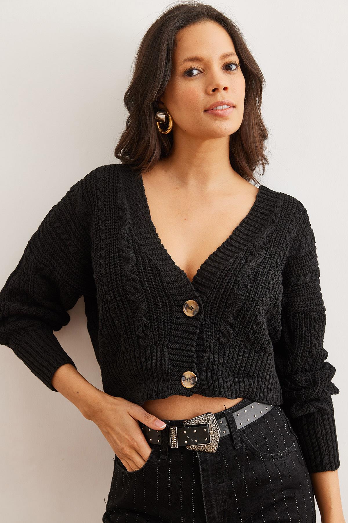 2 Düğmeli Ajurlu Triko Hırka Siyah