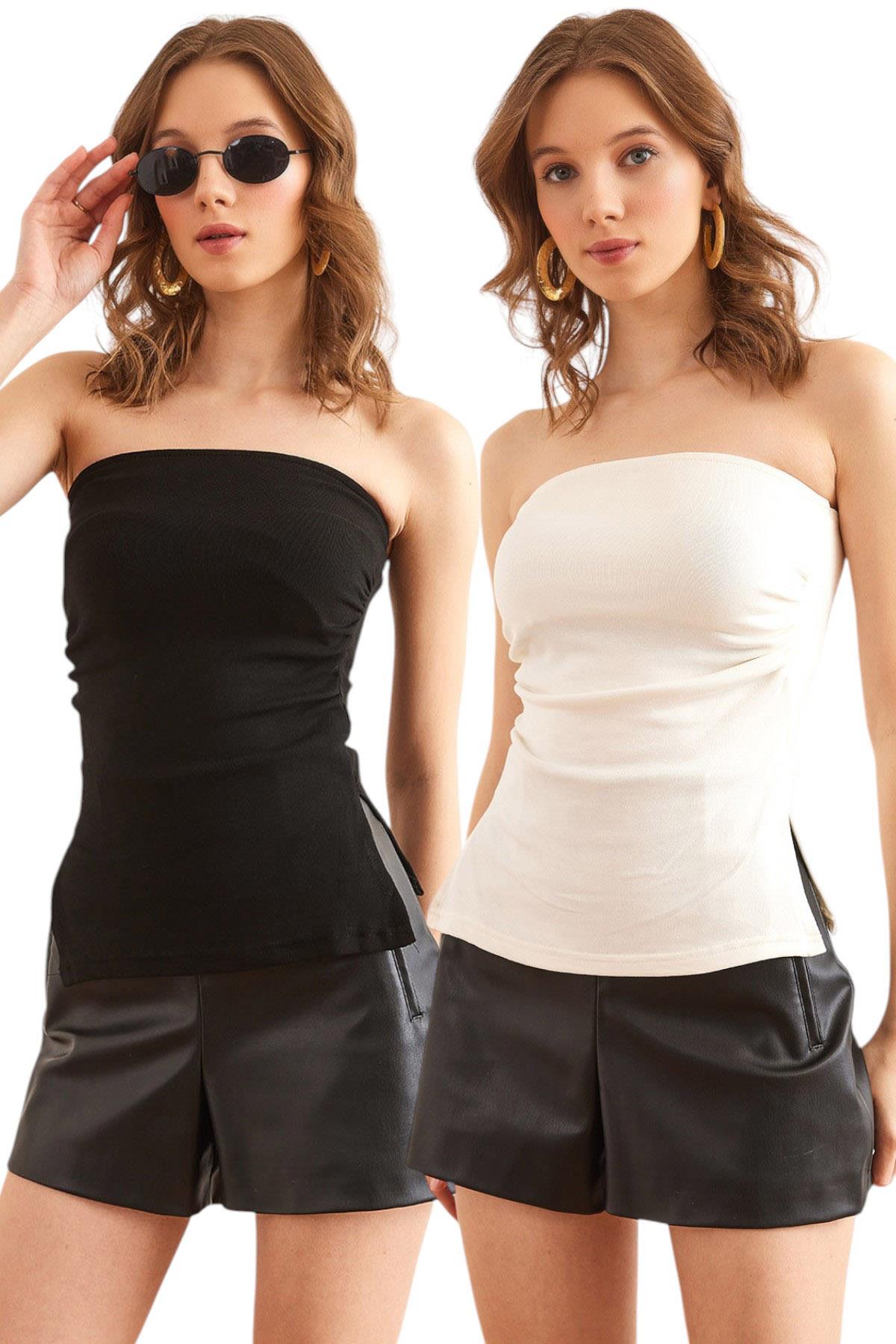 2 li Paket Yanı Yırtmaçlı Esnek Straplez Bluz Siyah Ekru