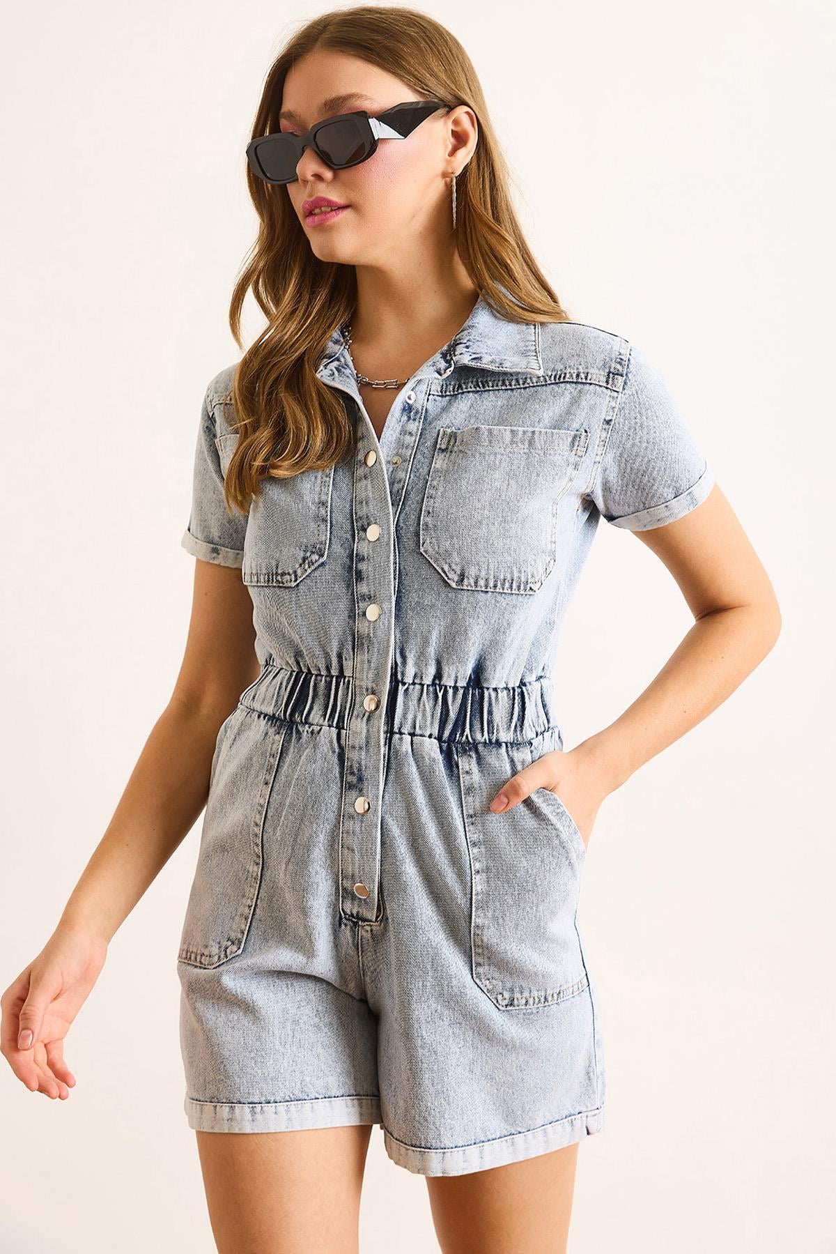 4 Cepli Beli Lastikli Denim Şort Tulum Açık Mavi