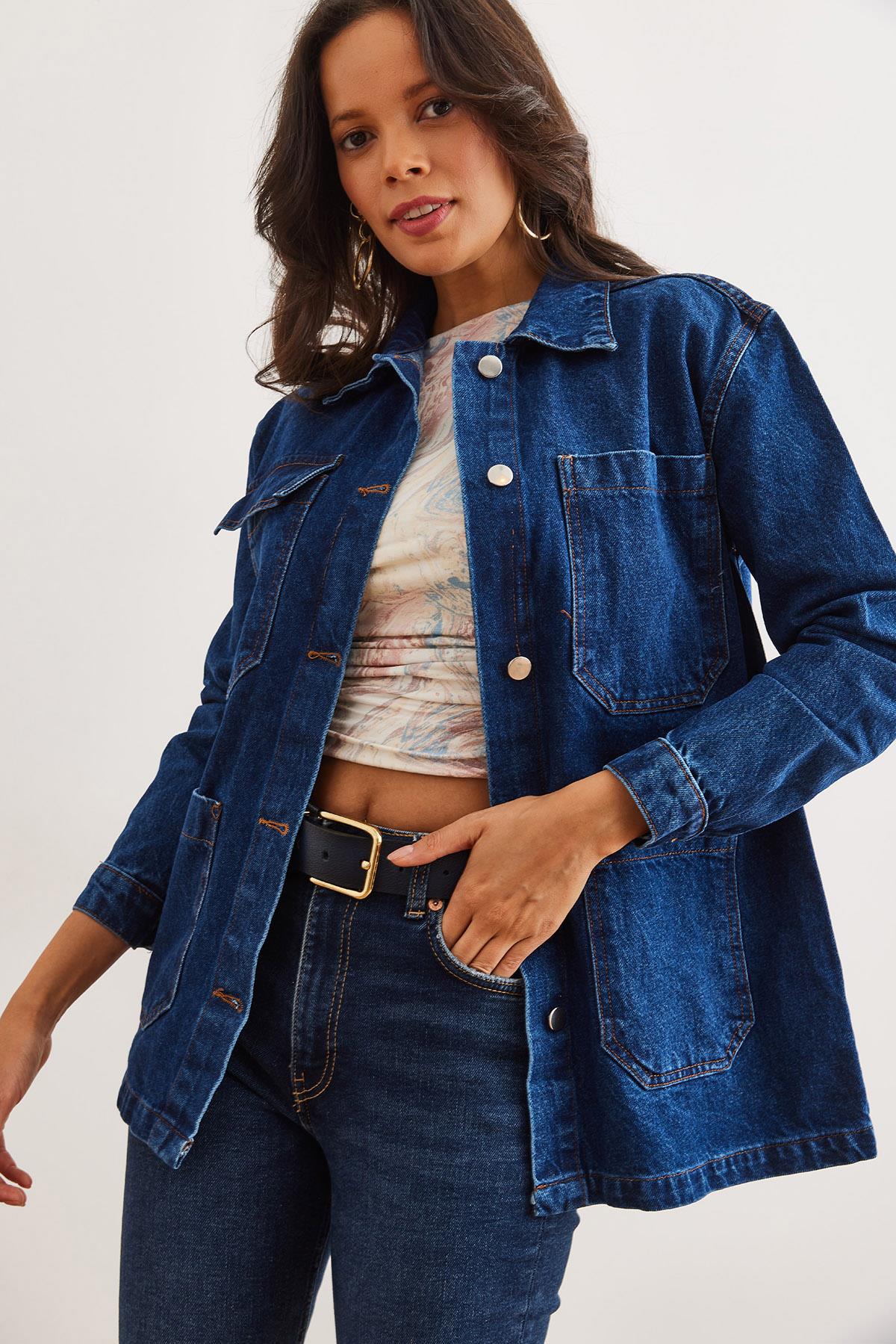 4 Cepli Düğmeli Denim Ceket Koyu Mavi