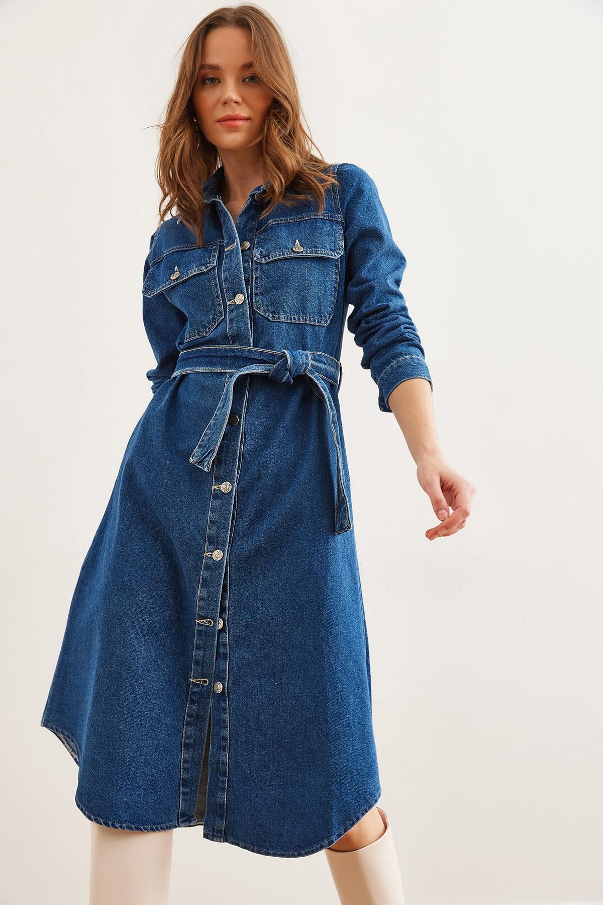 4 Cepli Midi Kalın Denim Elbise Mavi