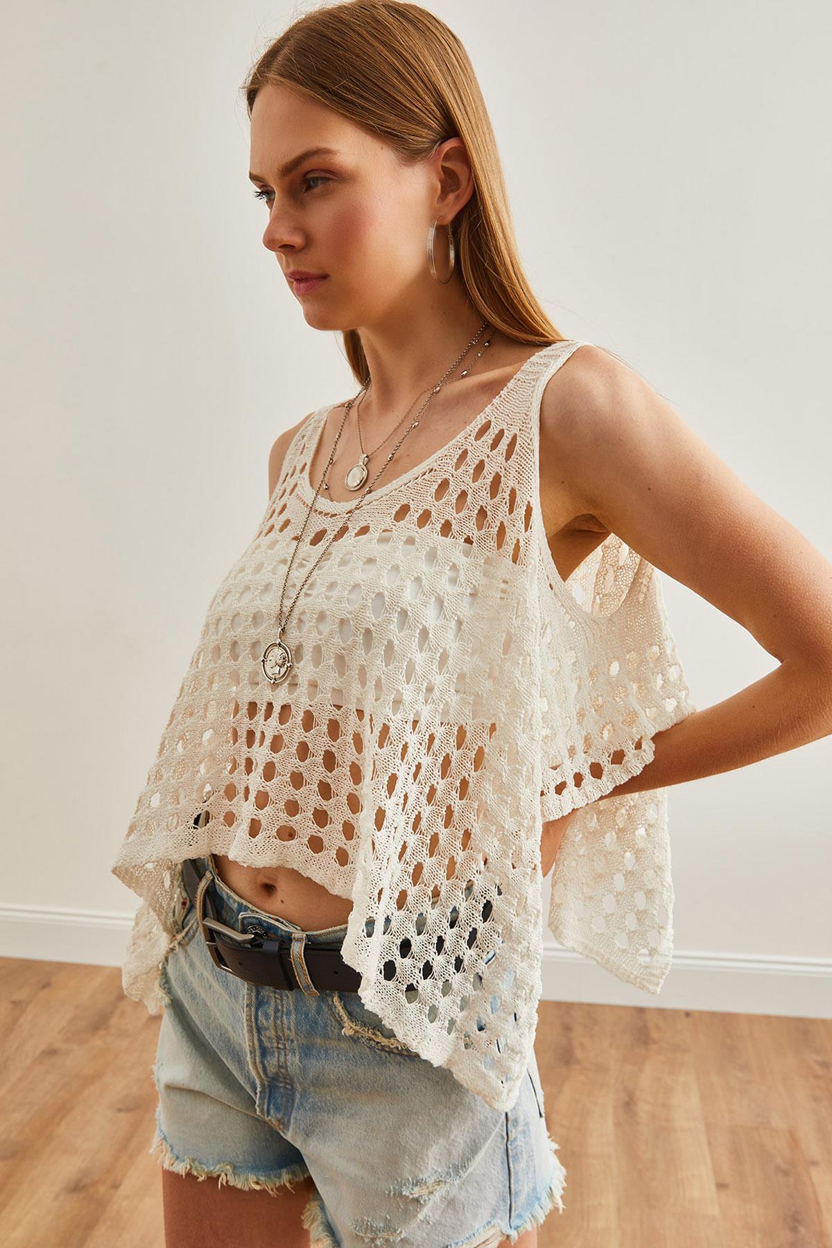 Ajurlu Crop Bolero Triko Bluz Ekru