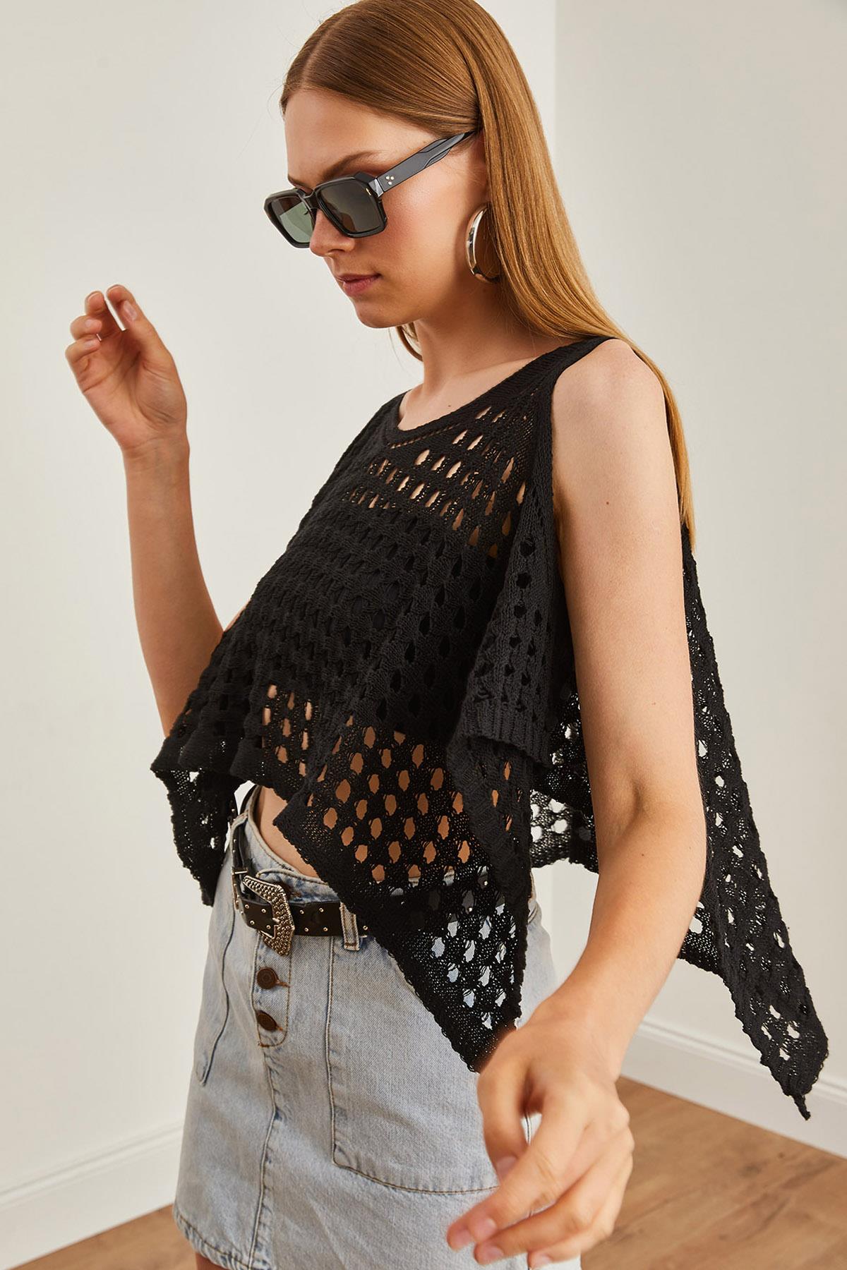 Ajurlu Crop Bolero Triko Bluz Siyah