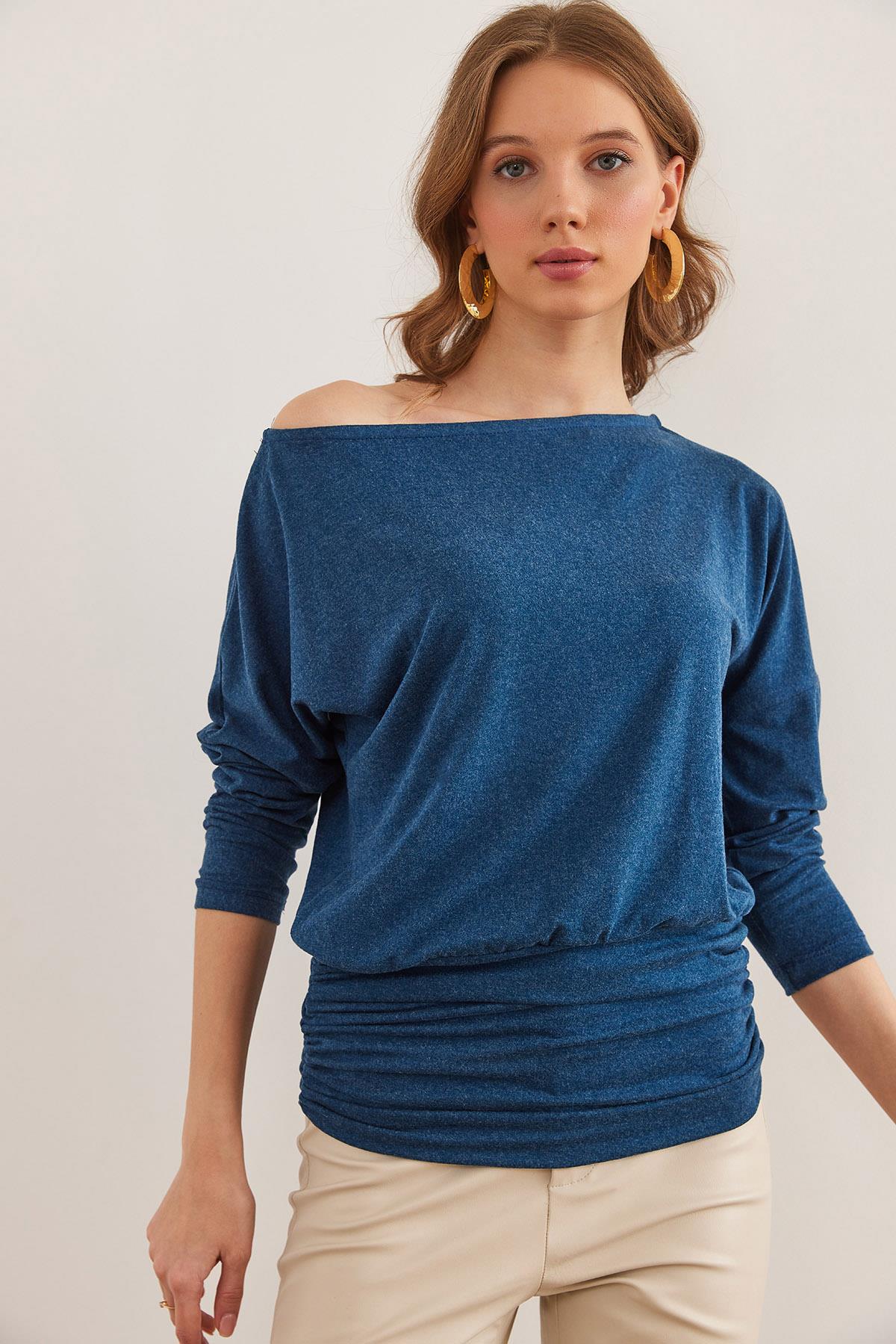 Altı Drape Detaylı Yün Viskon Bluz İndigo