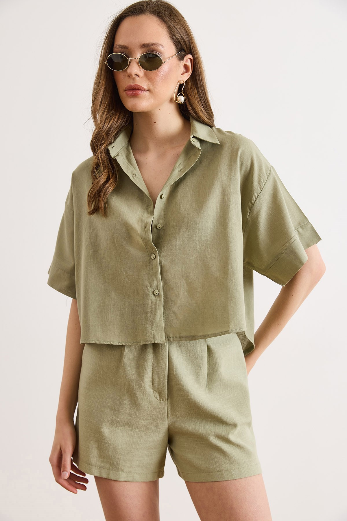 Altı Oval Loose Fit Pamuk Flam Gömlek Haki