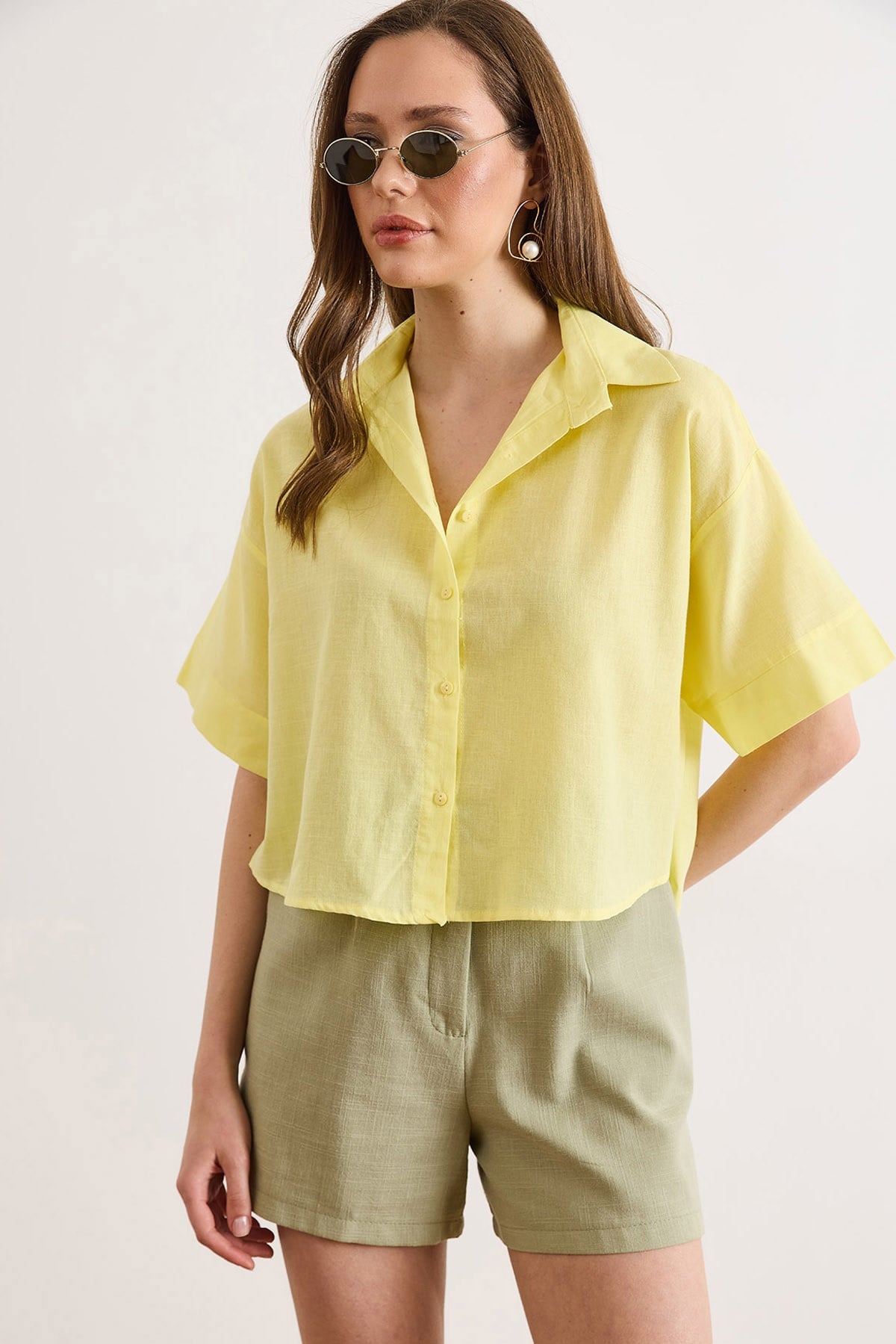Altı Oval Loose Fit Pamuk Flam Gömlek Sarı