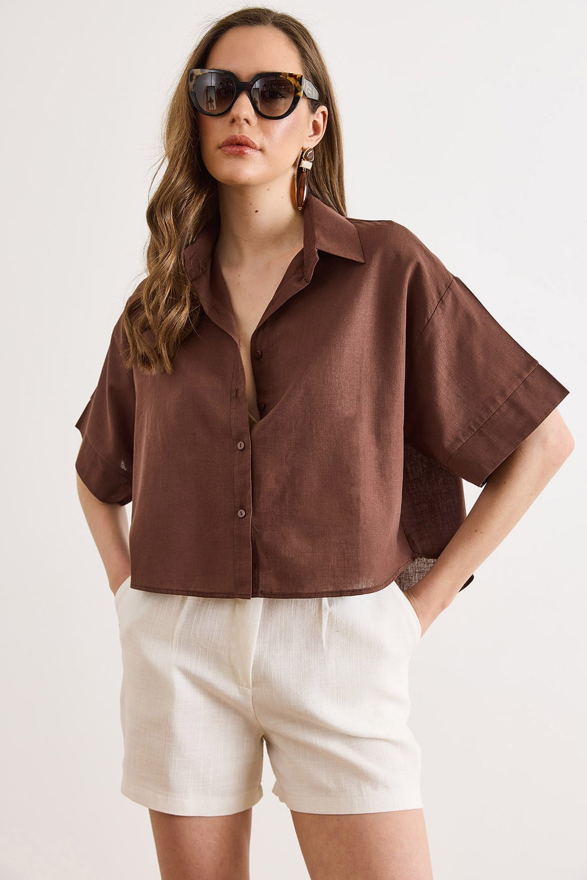 Altı Oval Loose Fit Pamuk Flam Gömlek Kahverengi
