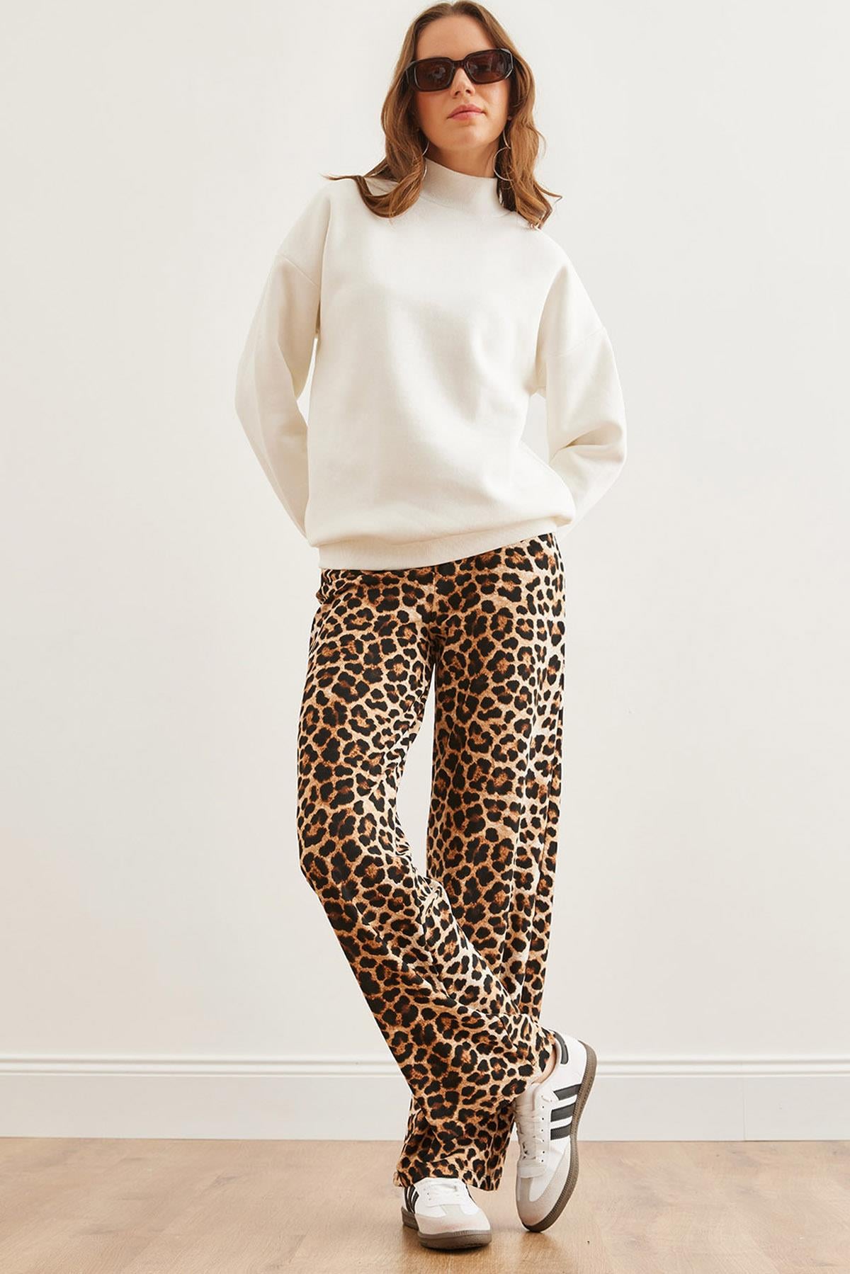 Animal Print Bol Paça Pantolon Leopar Kahve