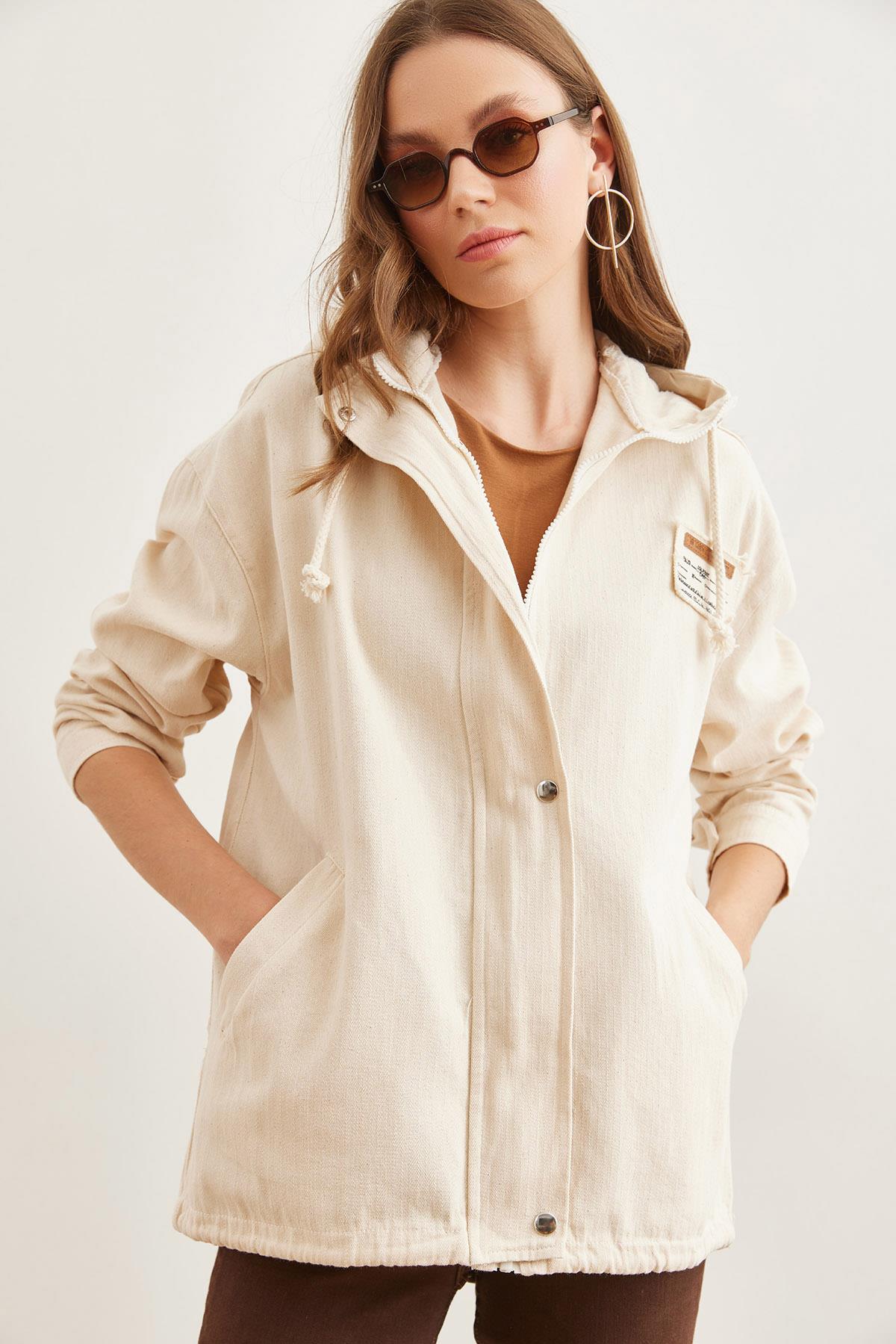 Armalı Kapüşonlu Gizli Cepli Pamuk Ceket Taş