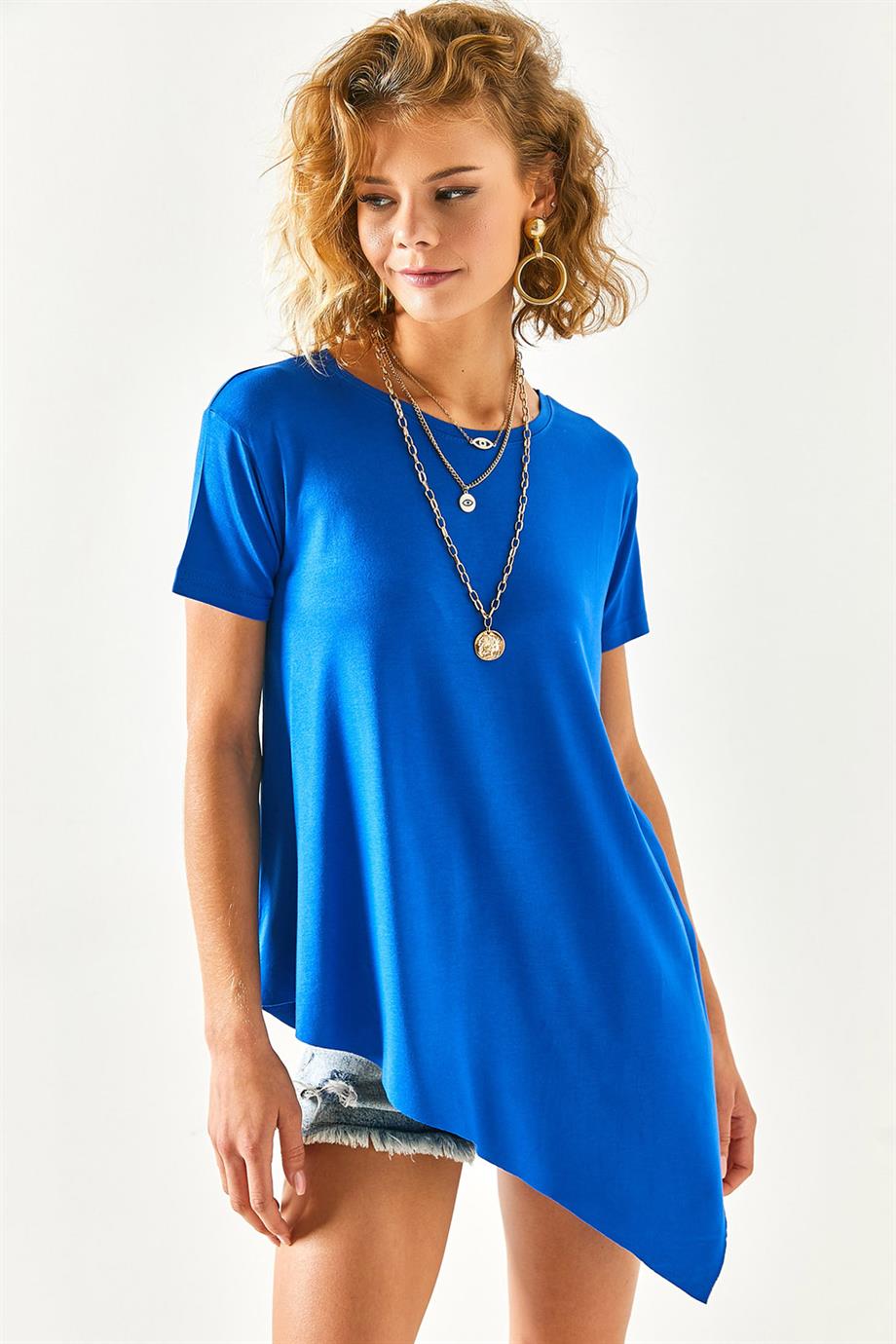 Asimterik Salaş Tunik Saks Mavi