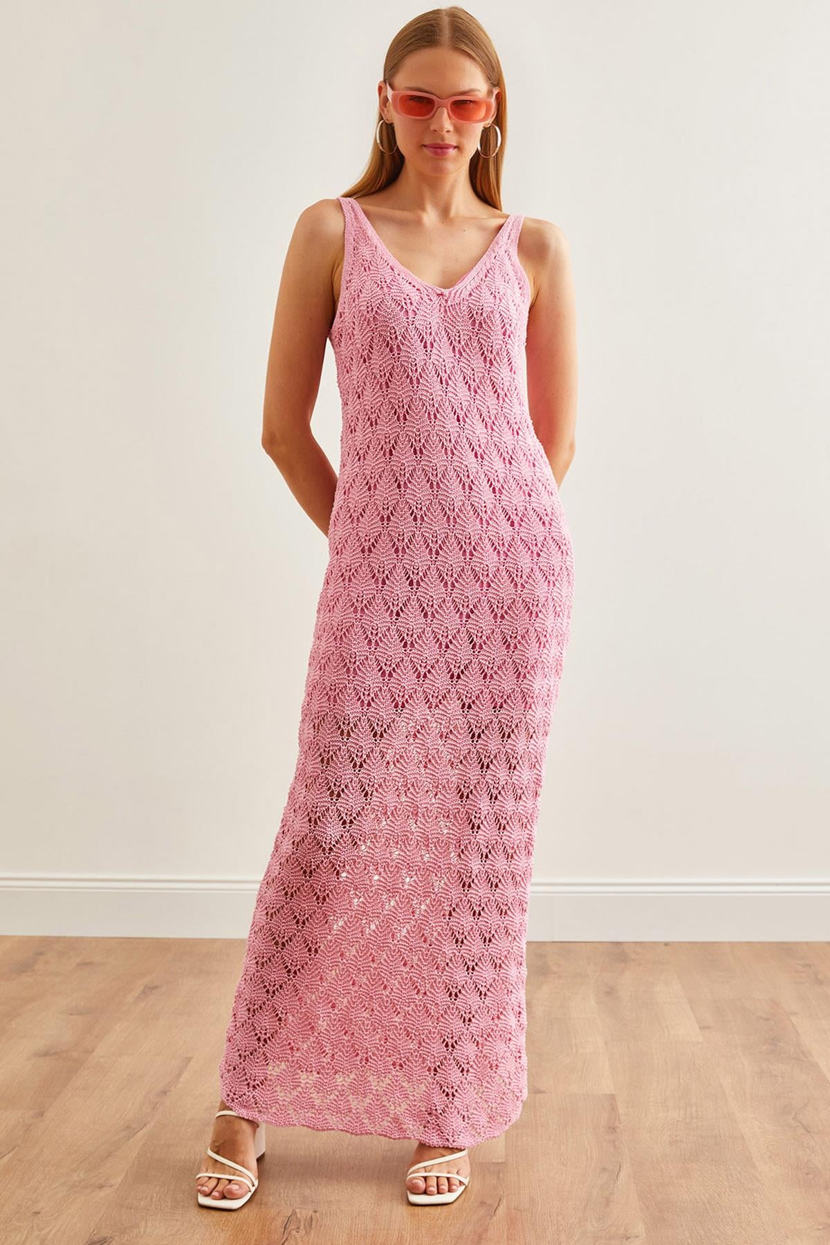 Askılı Astarlı Ajurlu Triko Elbise Pembe