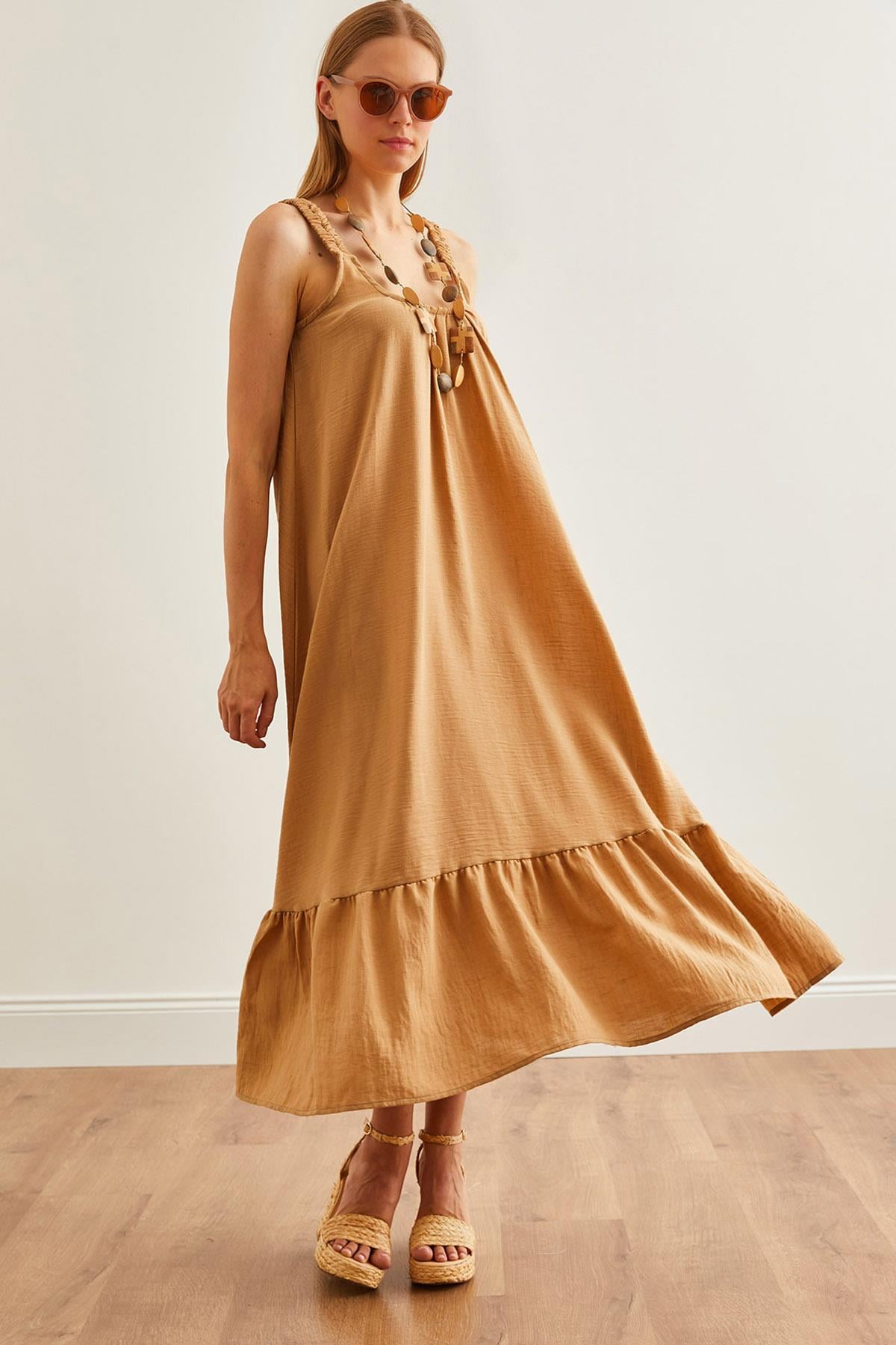 Askılı Oversize Maxi Dokuma Elbise Camel
