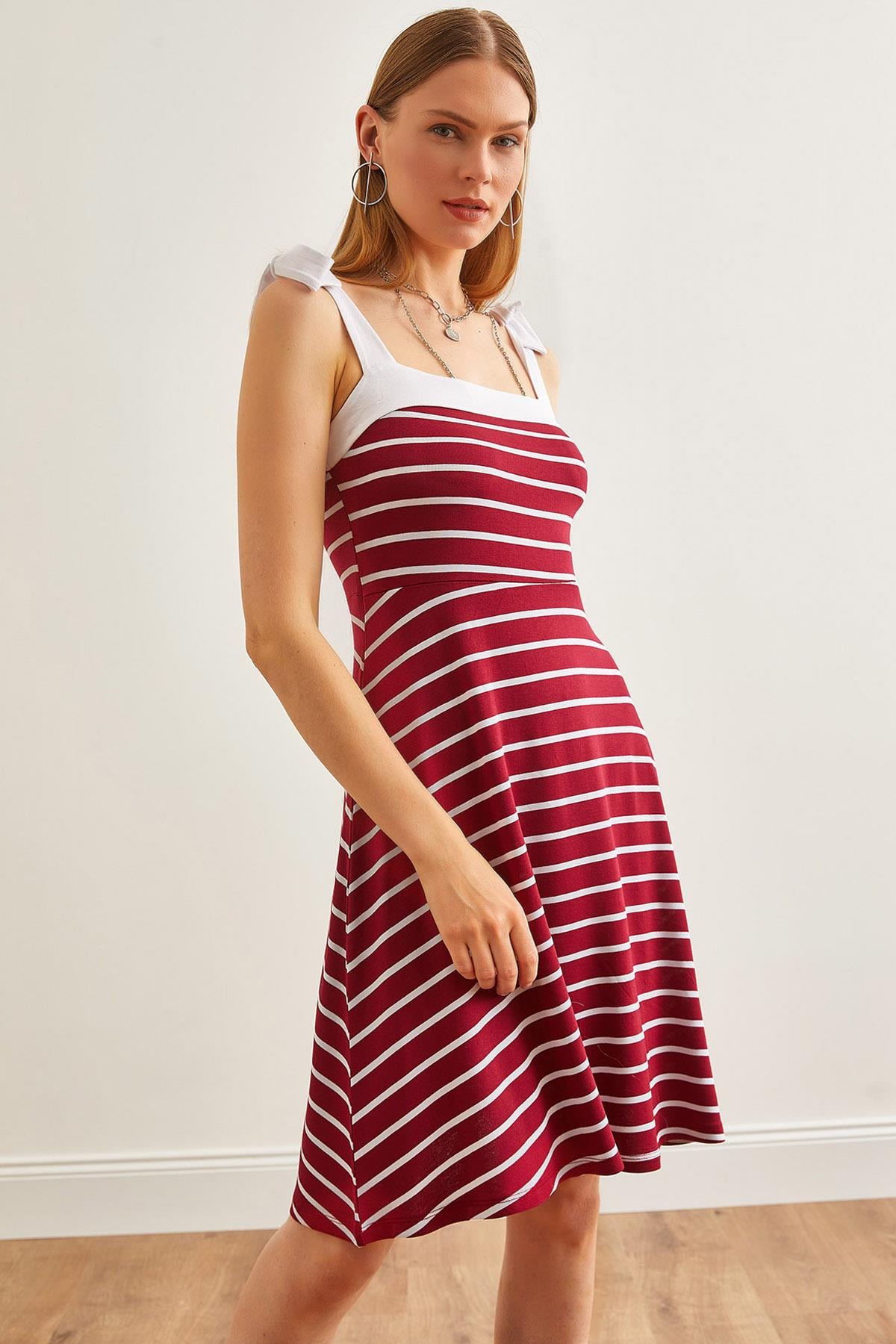 Askısı Bağlamalı Örme Viskon Kloş Elbise Bordo Çizgili