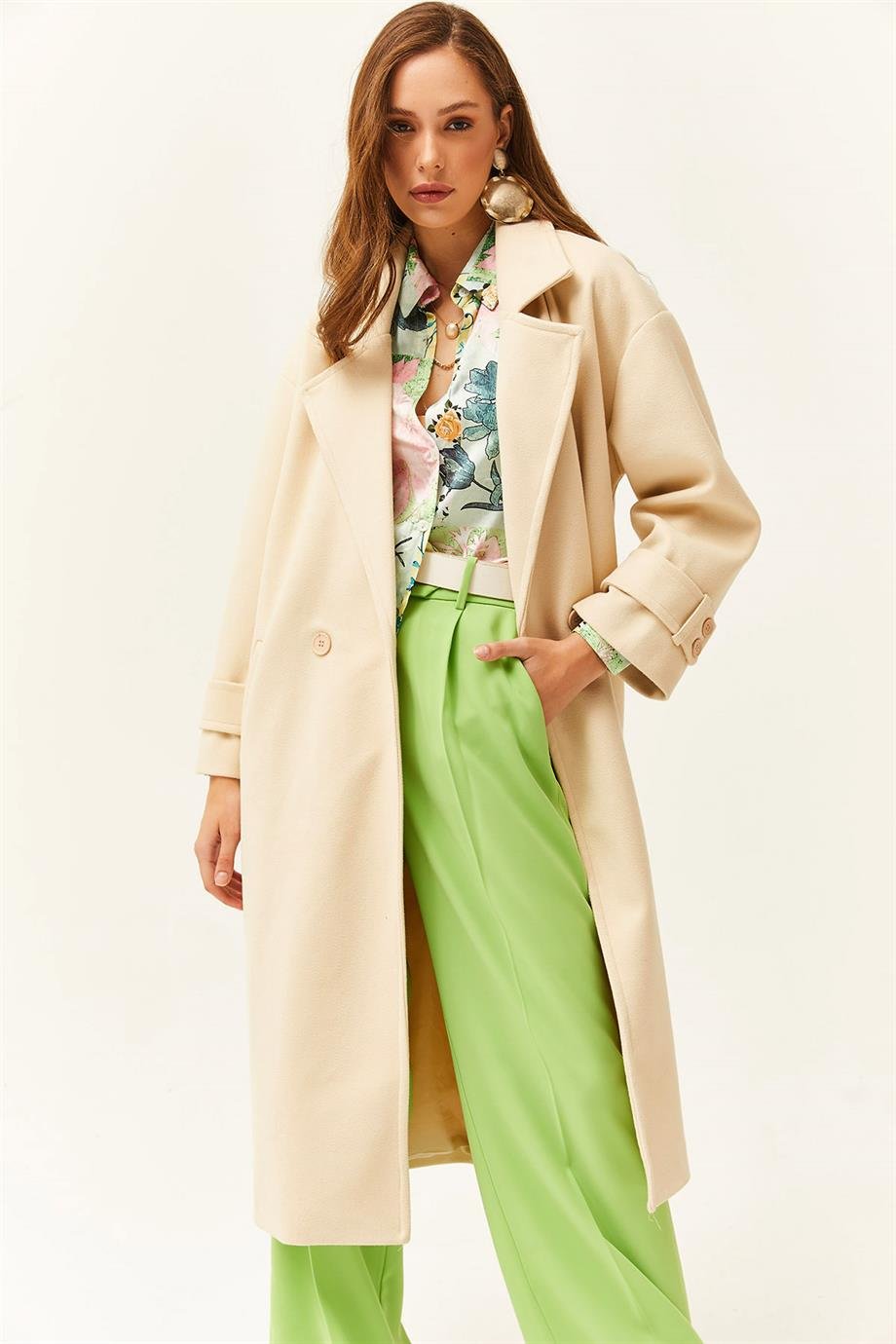 Astarlı Cepli Oversize Kaşe Uzun Kaban Taş