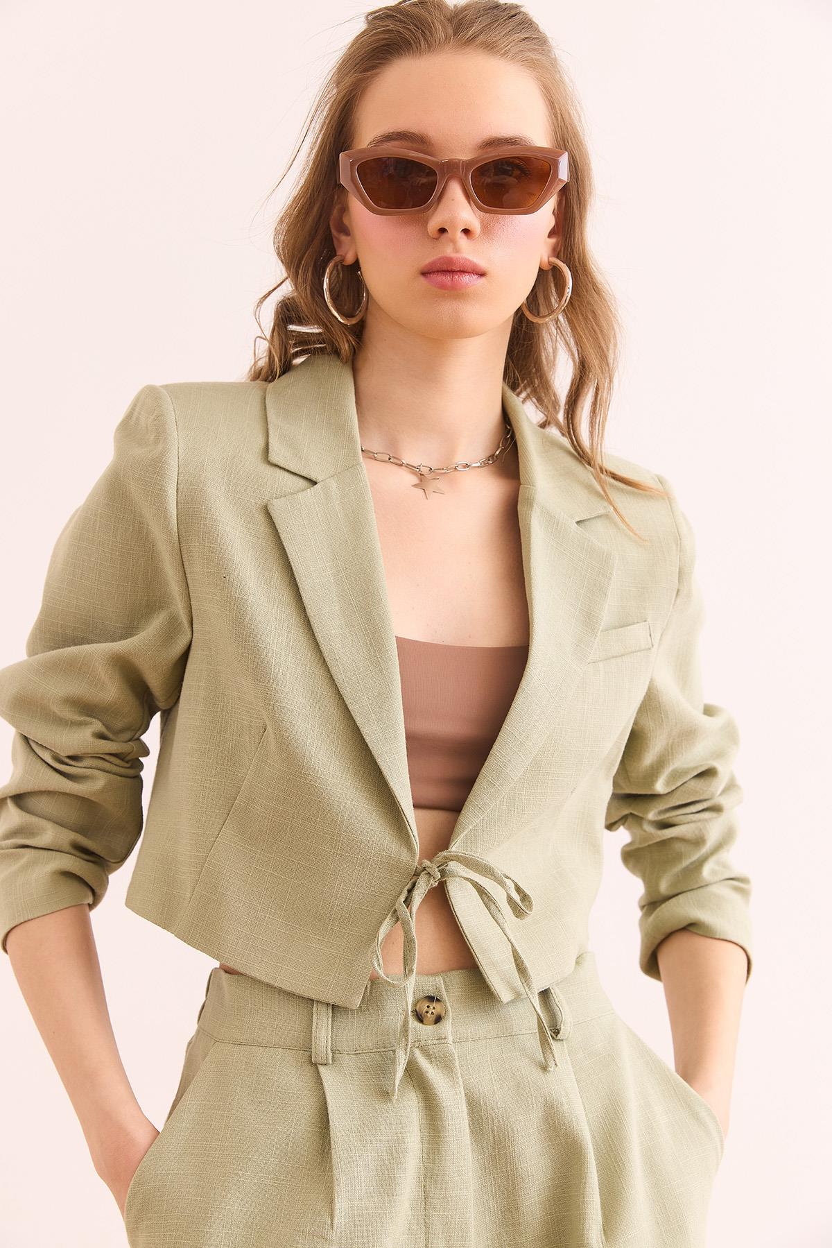 Bağcık Detaylı Astarlı Yıkamalı Crop Keten Ceket Mint Yeşili