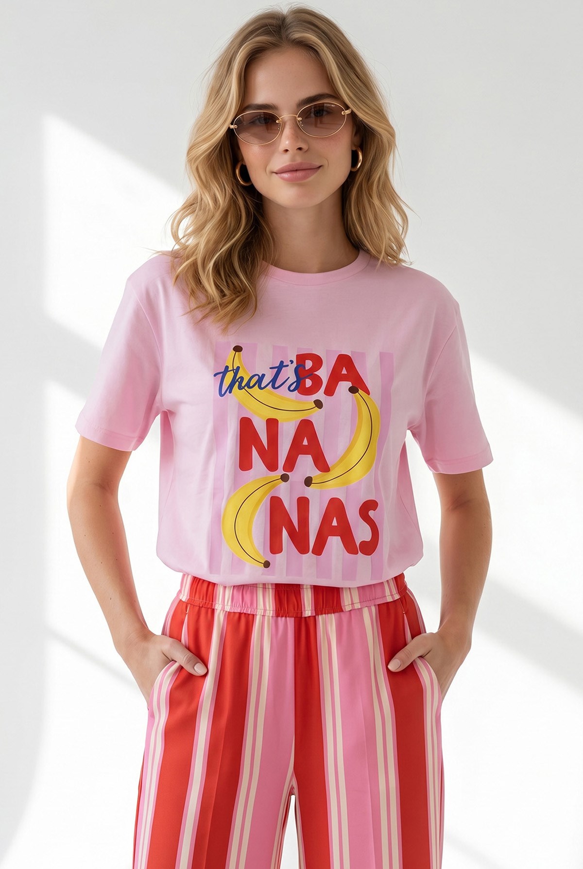 Banana Baskılı Boyfriend Pamuk Tişört Pembe