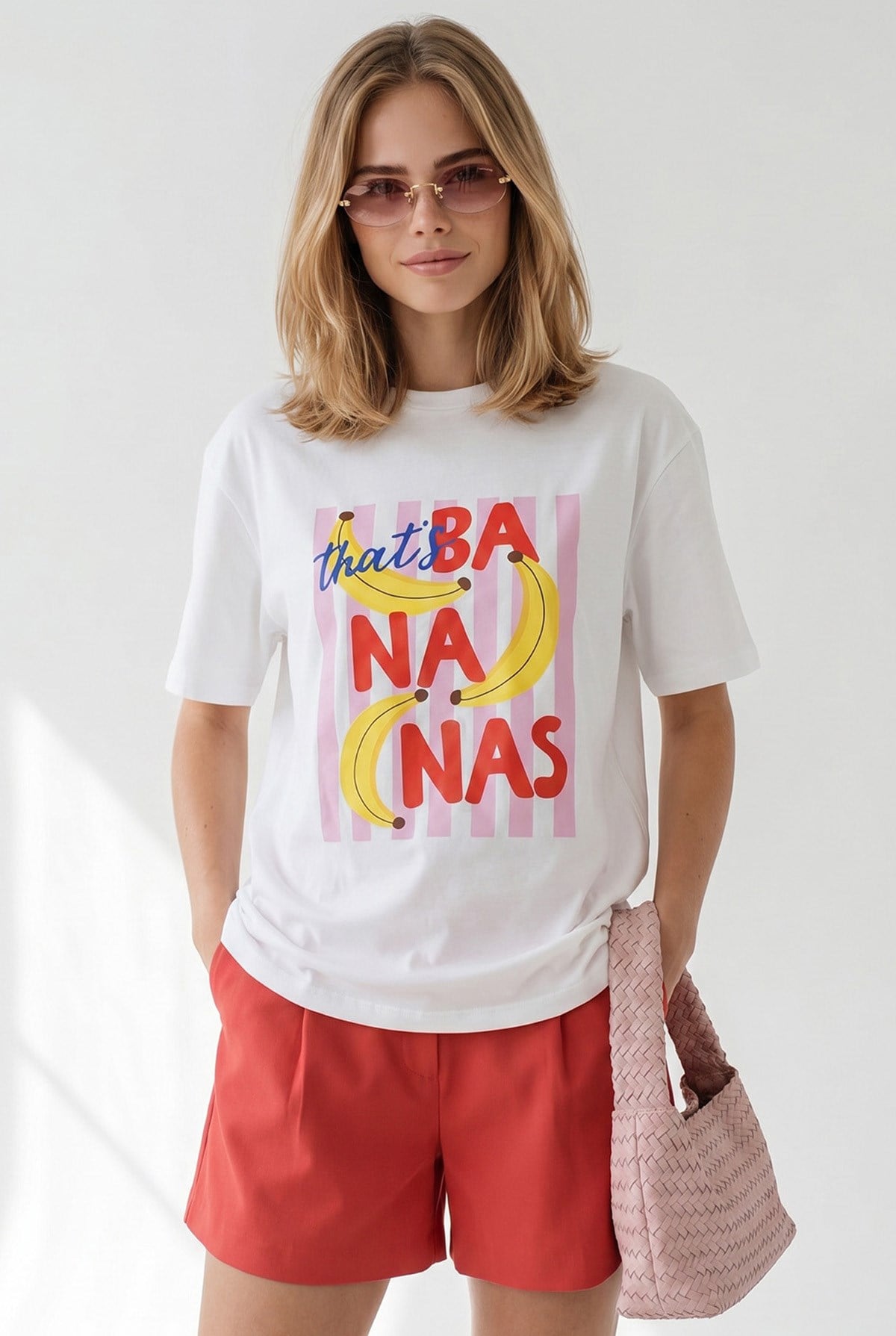 Banana Baskılı Boyfriend Pamuk Tişört Beyaz