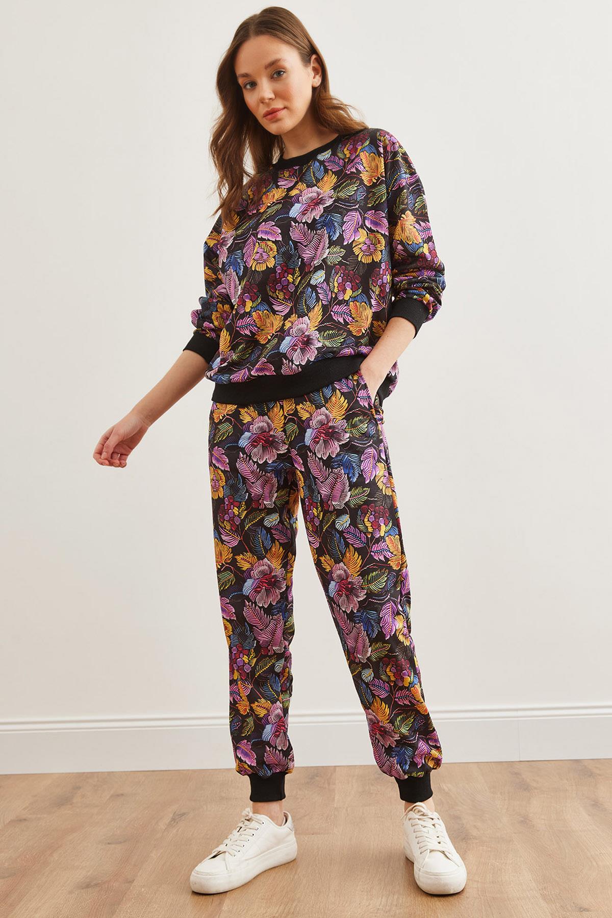Basic Eşofman Takımı Floral Siyah