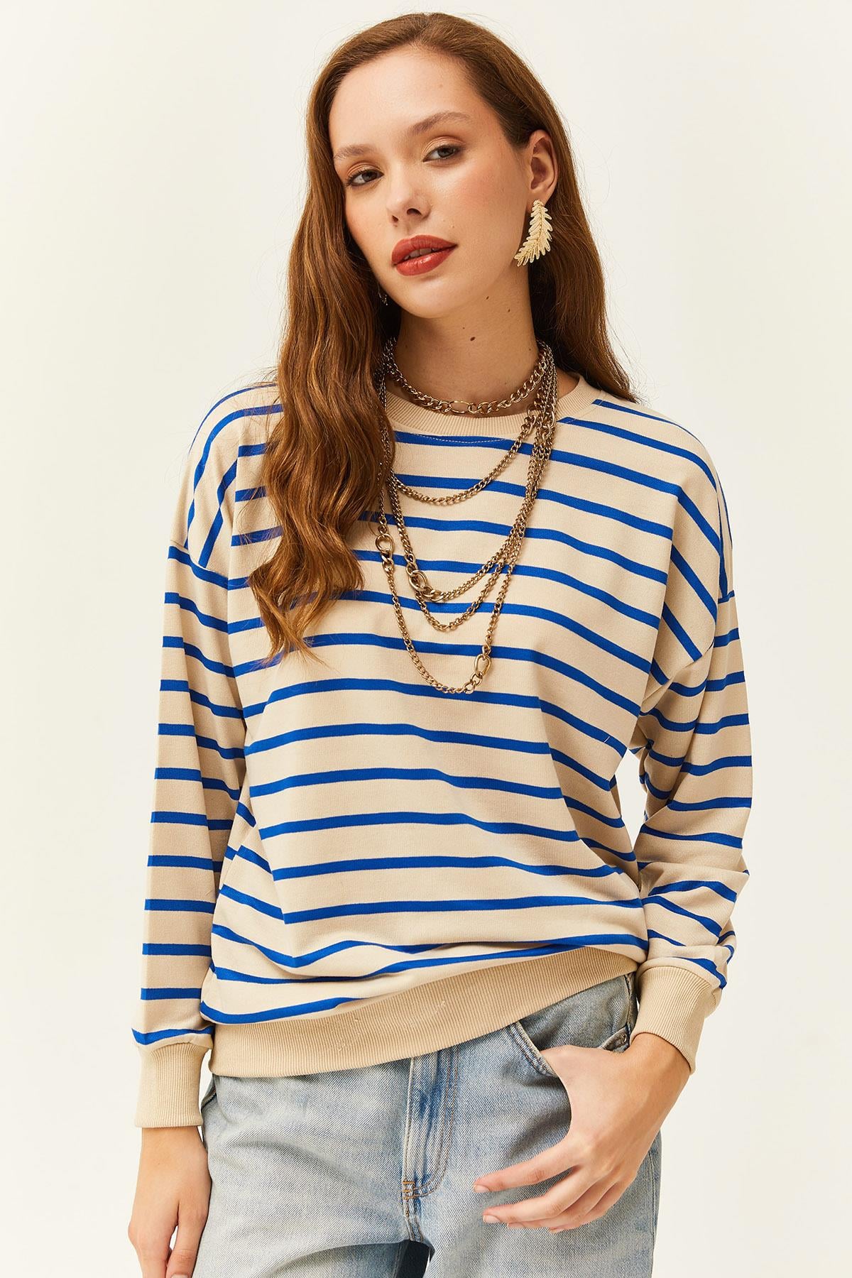 Basic Yumuşak Dokulu Salaş Sweatshirt Taş Mavi