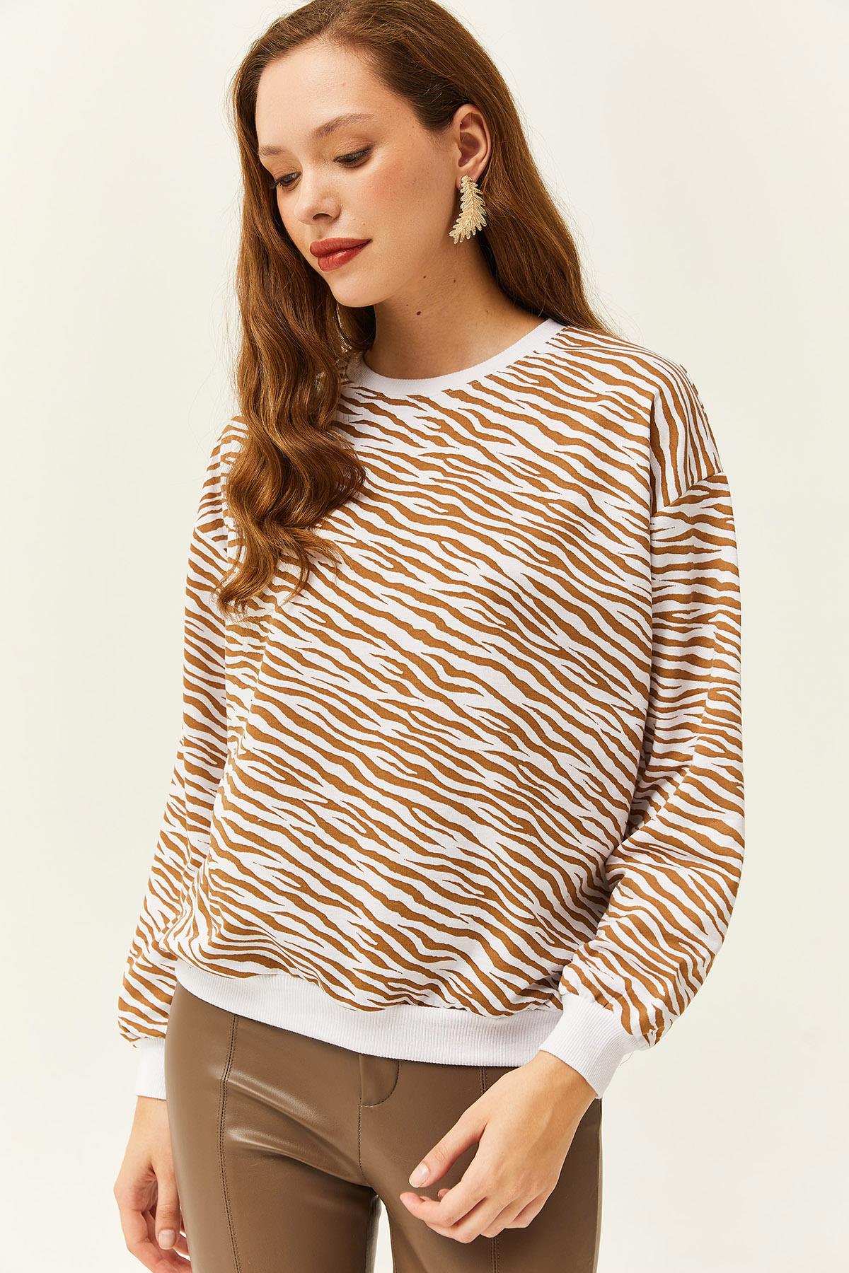 Basic Yumuşak Dokulu Salaş Sweatshirt Zebra Kahve