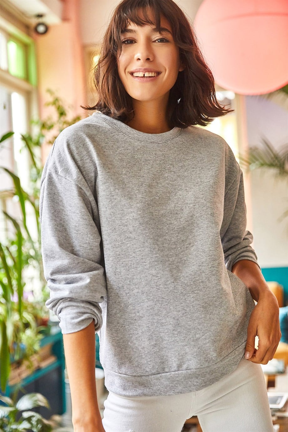 Basic Yumuşak Dokulu Salaş Sweatshirt Gri Melanj