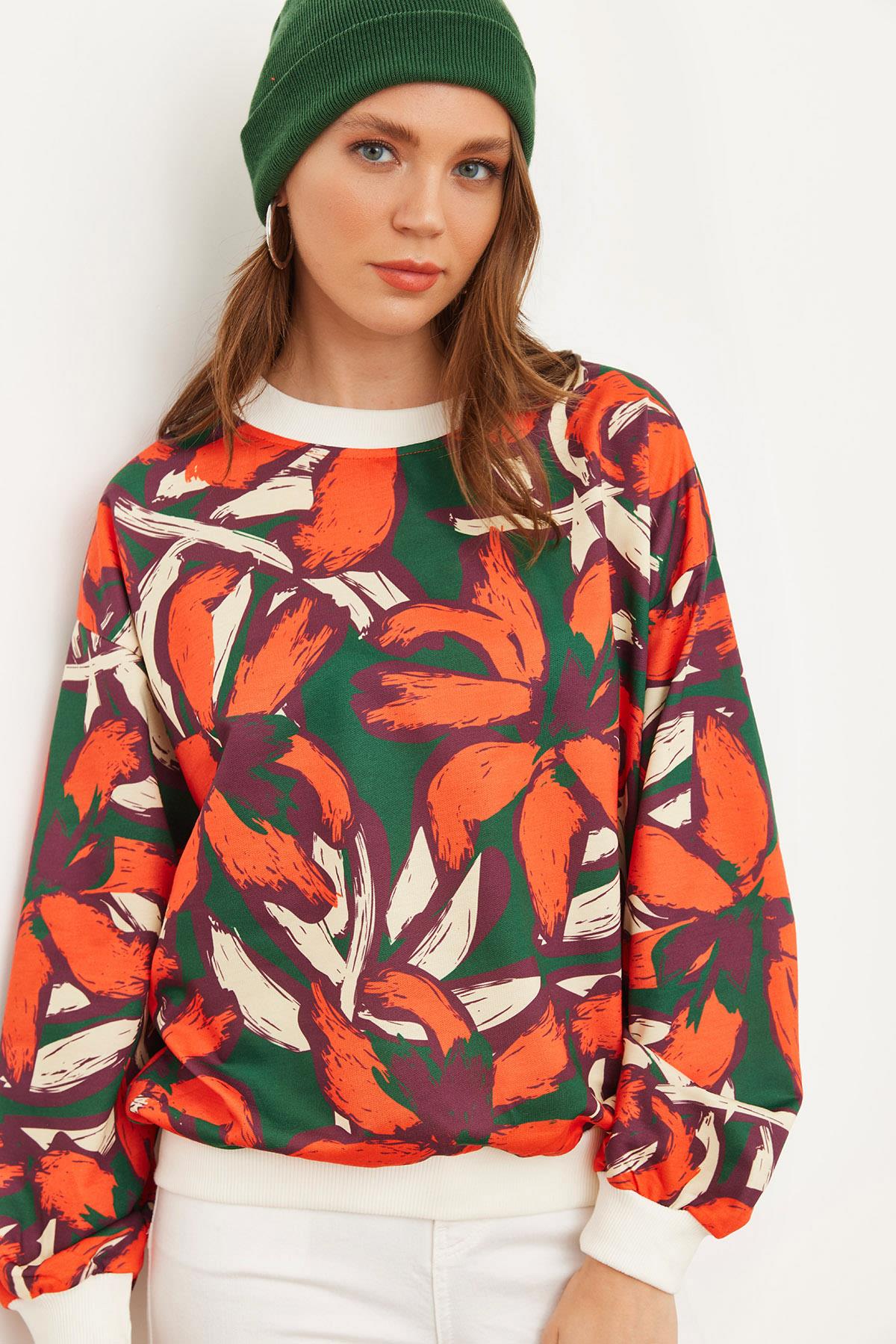 Basic Yumuşak Dokulu Salaş Sweatshirt Turuncu Yeşil